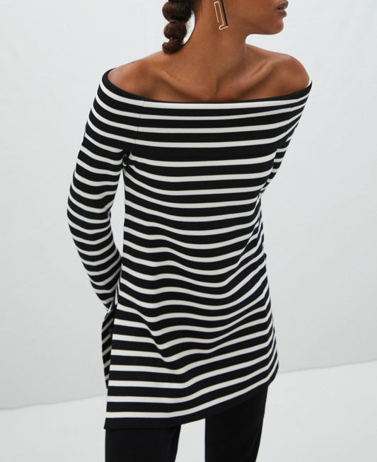 Women Jersey | Black Striped Sweater With Straight Neckline by Spanish designer Adolfo Dominguez