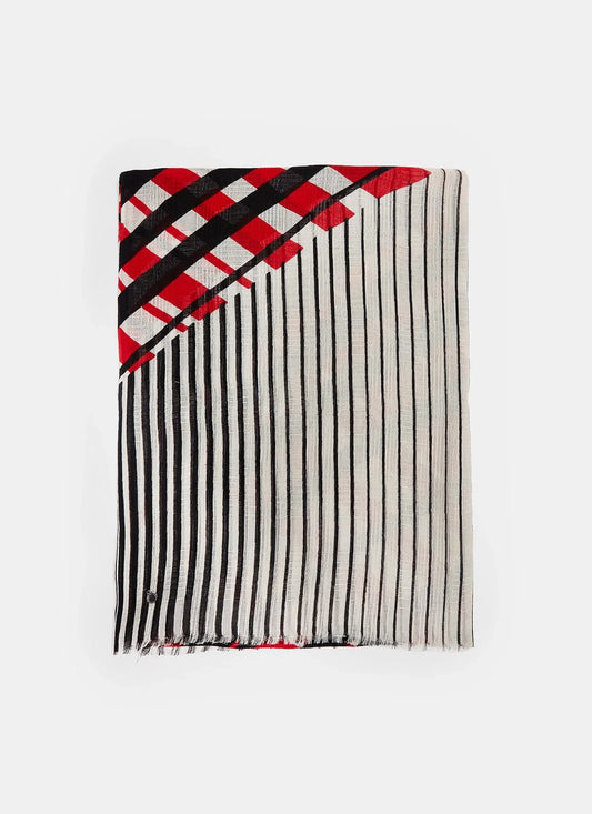 Women Shawl | Black/Red Cotton Shawl With Multiline Print by Spanish designer Adolfo Dominguez