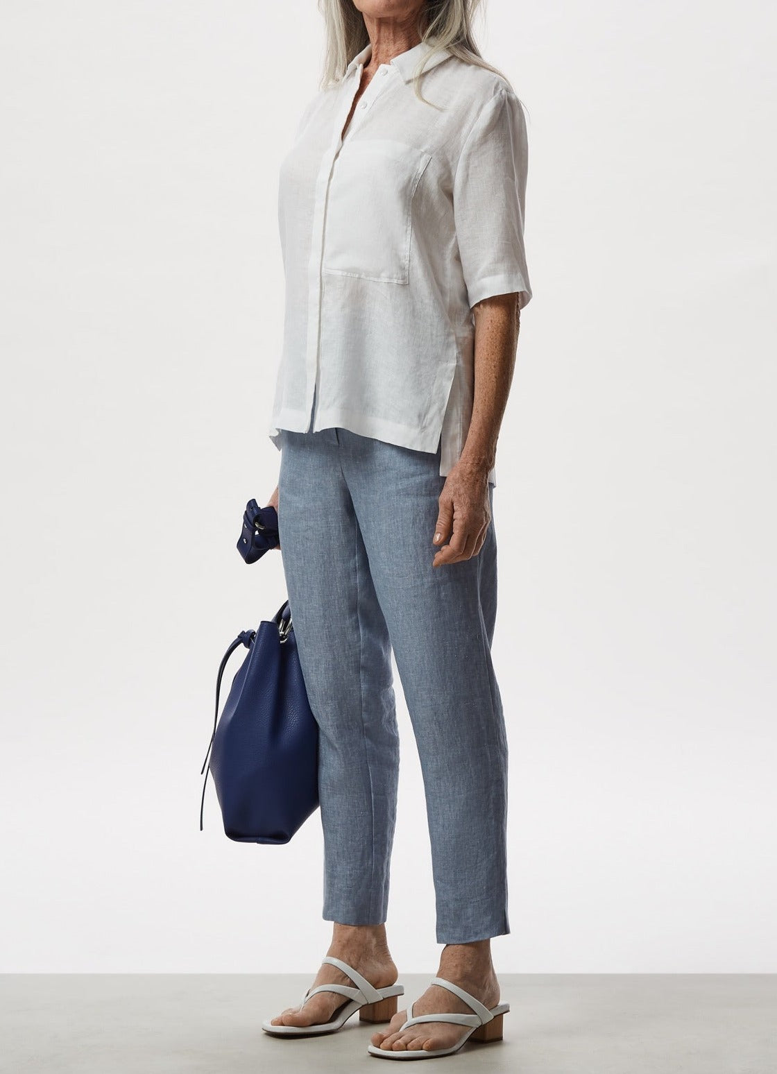 Women Trousers | Blue Ankle Length Linen Trousers by Spanish designer Adolfo Dominguez