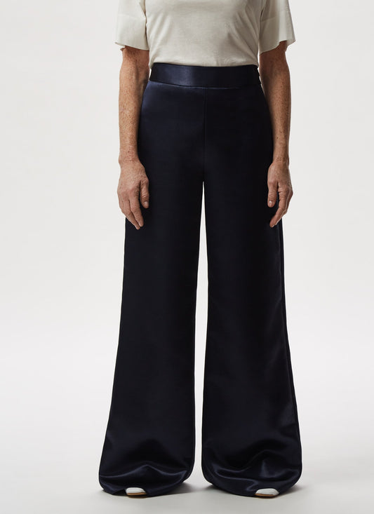 Women Trousers | Blue Fluid And Glossy Palazzo Trousers by Spanish designer Adolfo Dominguez