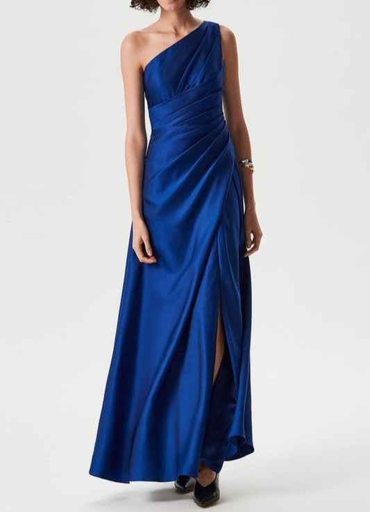 Women Cocktail Dress | Blue Long Asymmetric Dress by Spanish designer Adolfo Dominguez