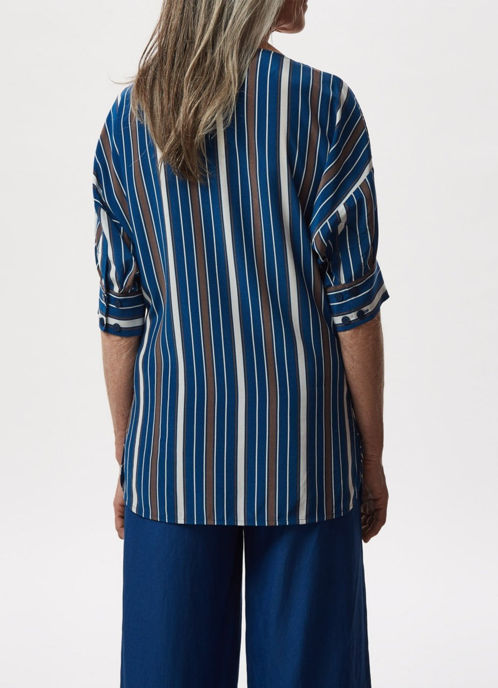 Women Shirt | Blue/White Viscose Shirt With Draped Necklin by Spanish designer Adolfo Dominguez