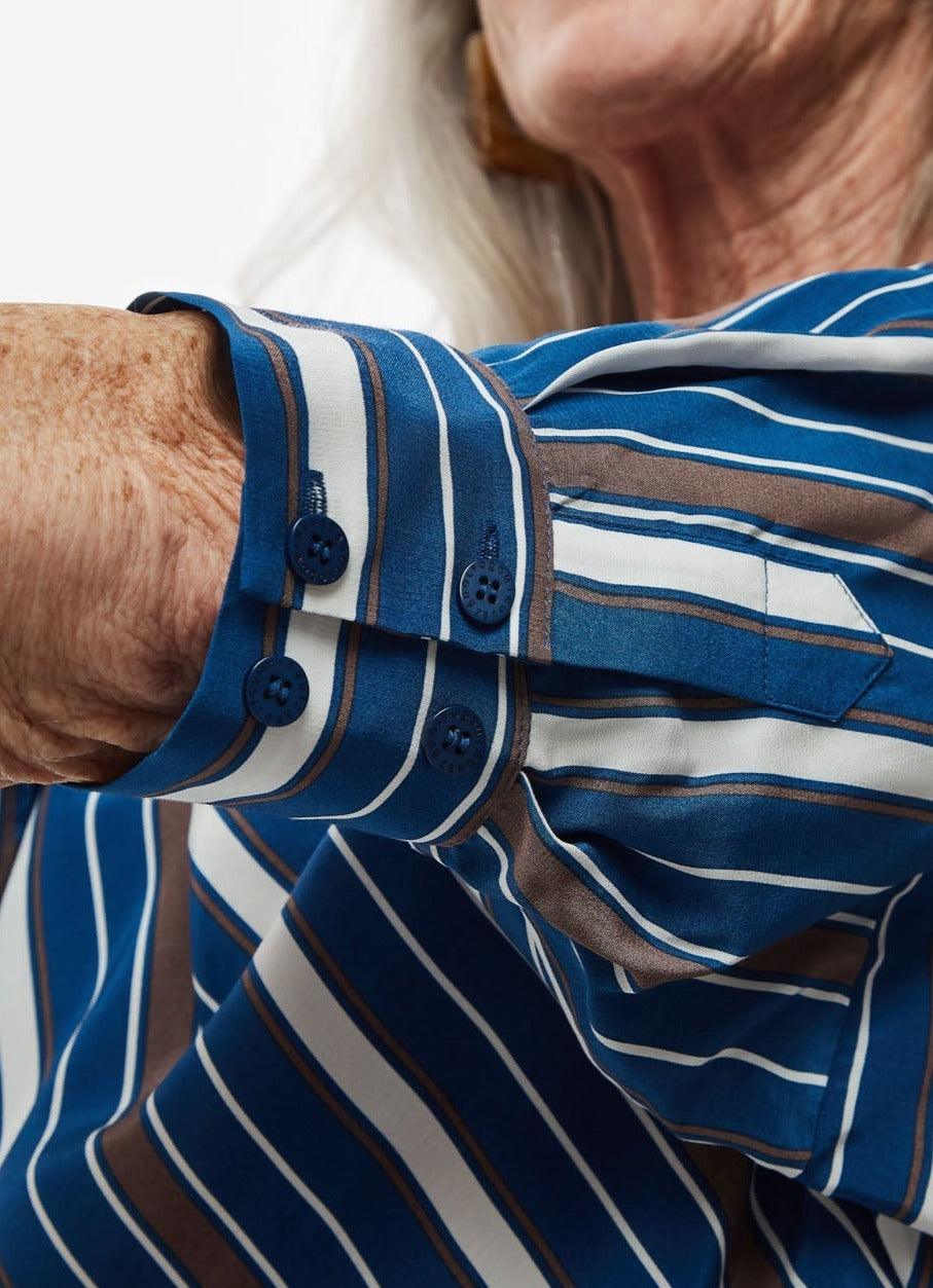 Women Shirt | Blue/White Viscose Shirt With Draped Necklin by Spanish designer Adolfo Dominguez