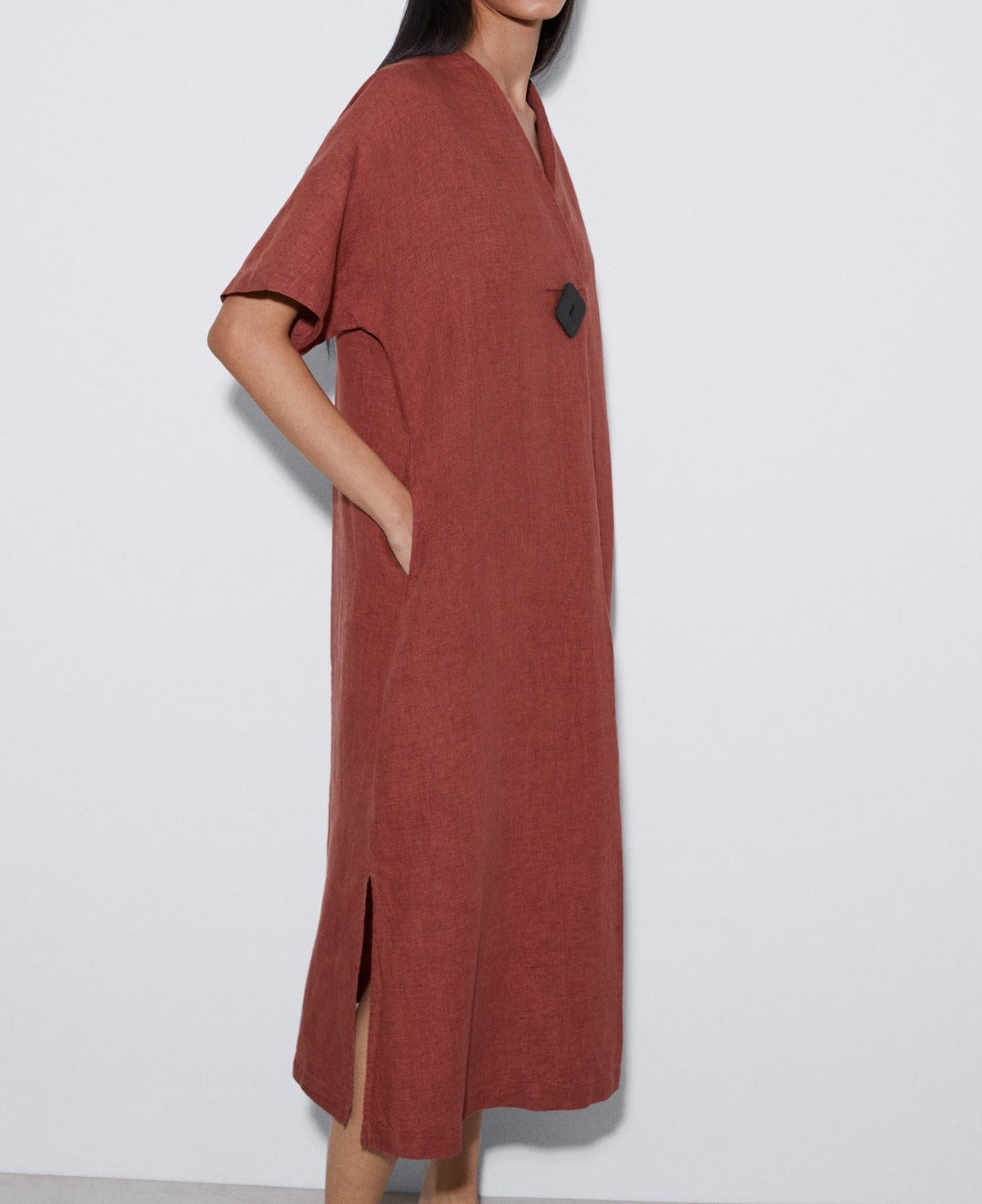 Women Dress | Brick Red Straight Line Dress In European Linen by Spanish designer Adolfo Dominguez