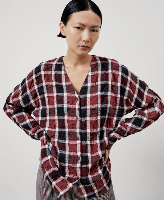 Women Shirt | Brown Check Long Sleeve Viscose T-Shirt by Spanish designer Adolfo Dominguez