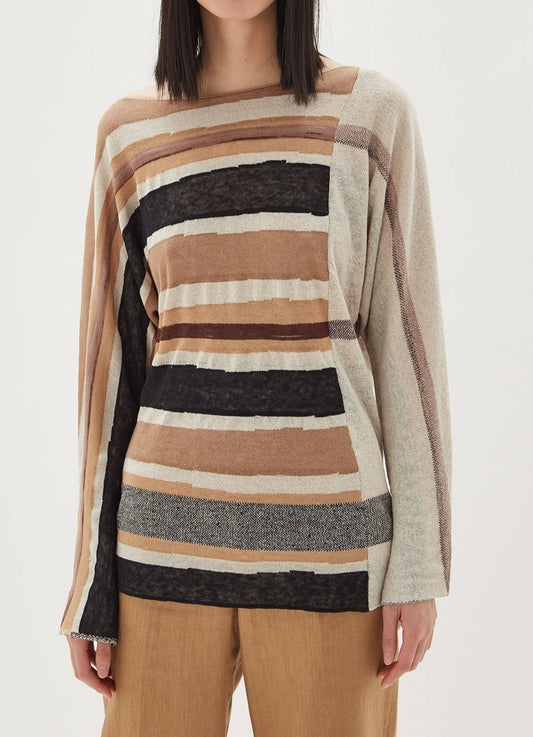 Women Jersey | Brown Stripe Striped Linen & Viscose Sweater by Spanish designer Adolfo Dominguez