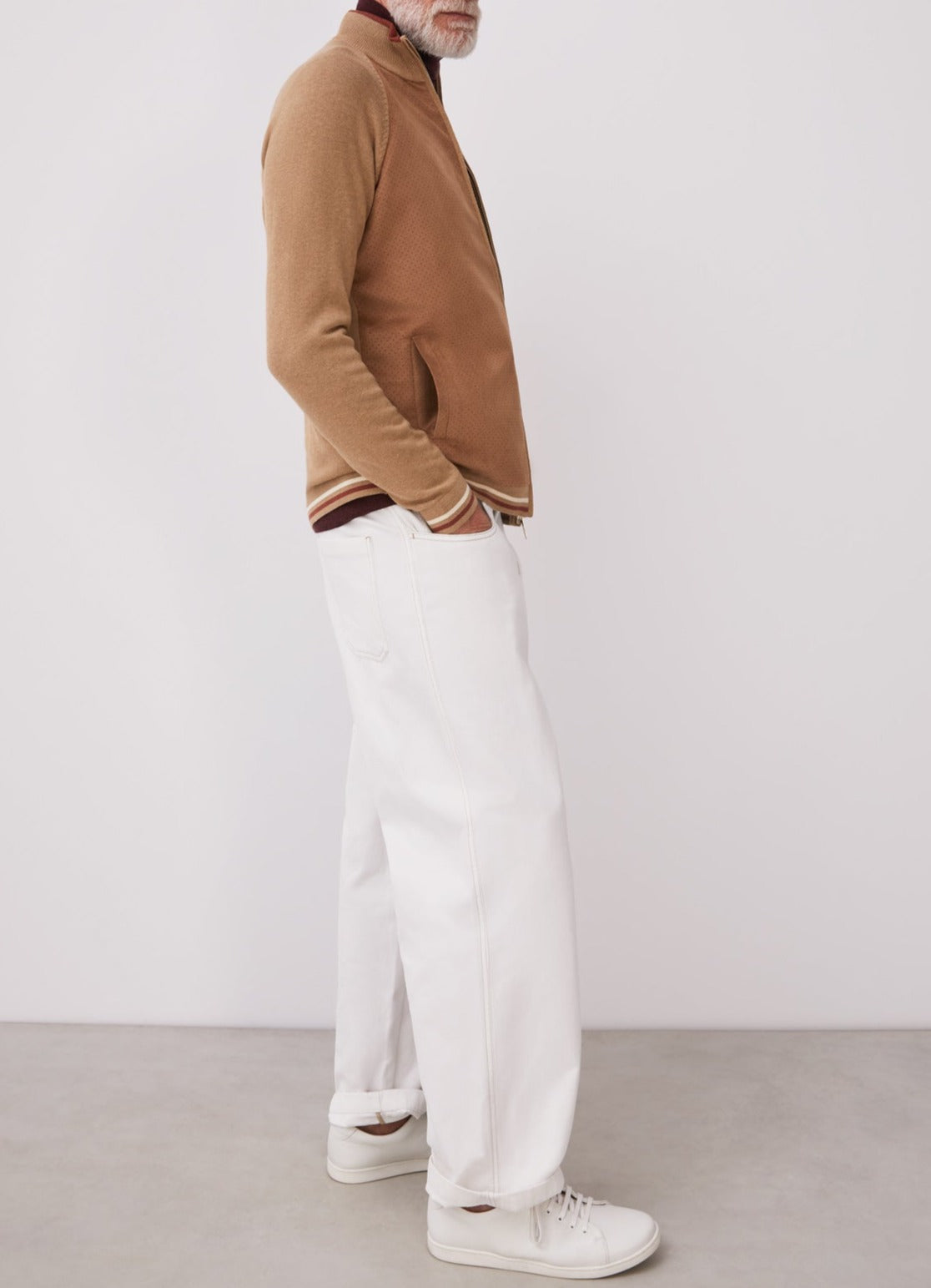 Men Knit Jacket | Camel Cardigan With Suedette Front by Spanish designer Adolfo Dominguez