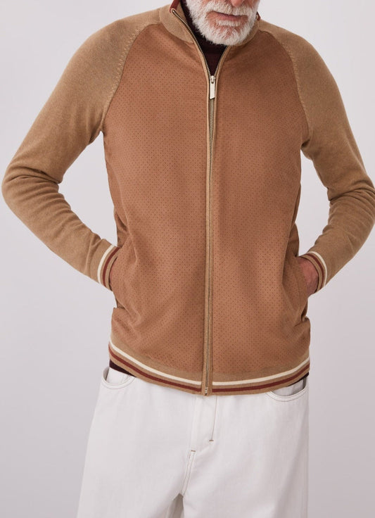 Men Knit Jacket | Camel Cardigan With Suedette Front by Spanish designer Adolfo Dominguez