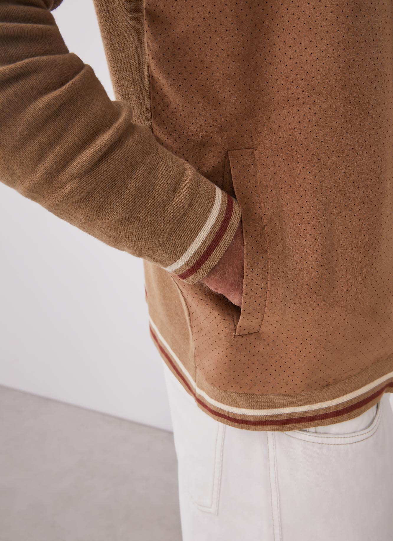 Men Knit Jacket | Camel Cardigan With Suedette Front by Spanish designer Adolfo Dominguez