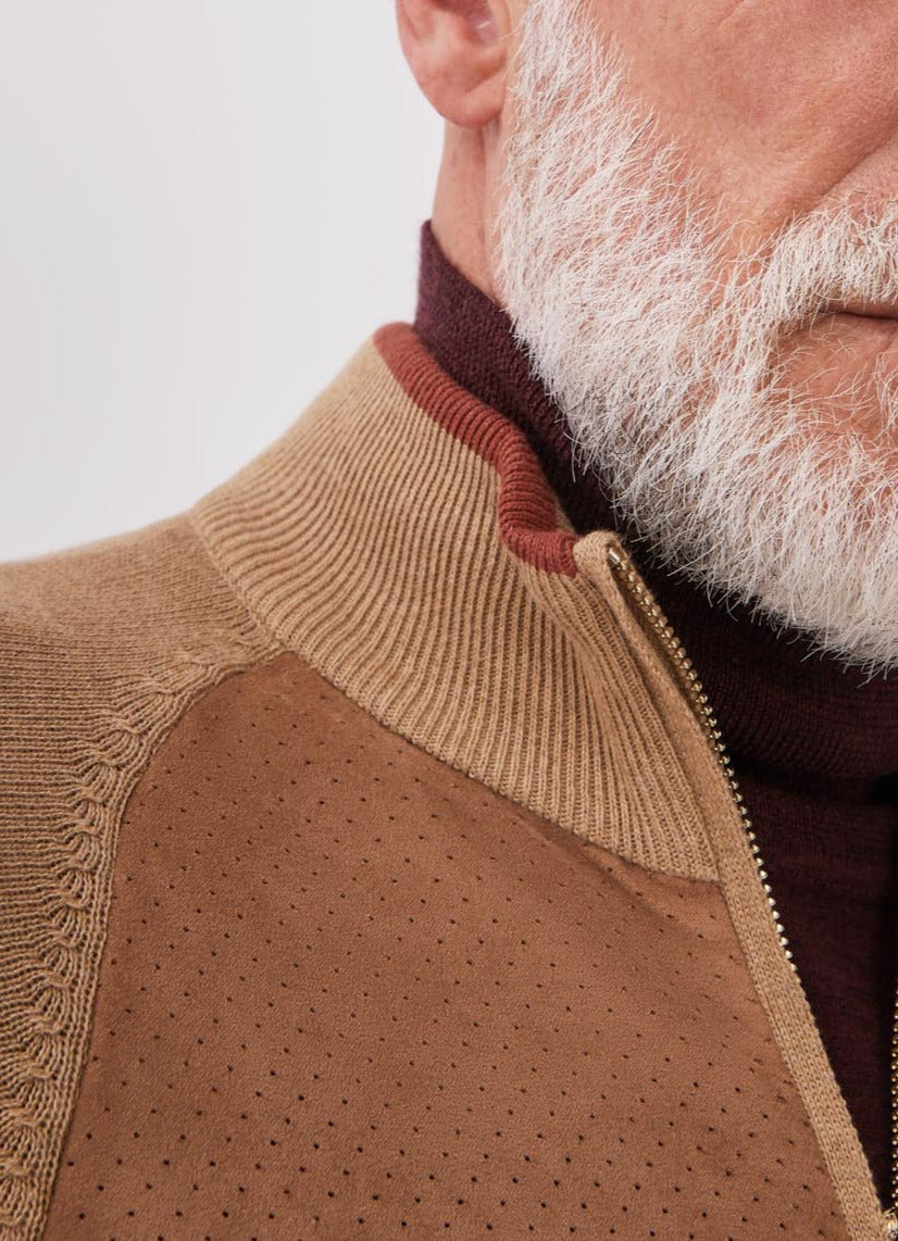 Men Knit Jacket | Camel Cardigan With Suedette Front by Spanish designer Adolfo Dominguez