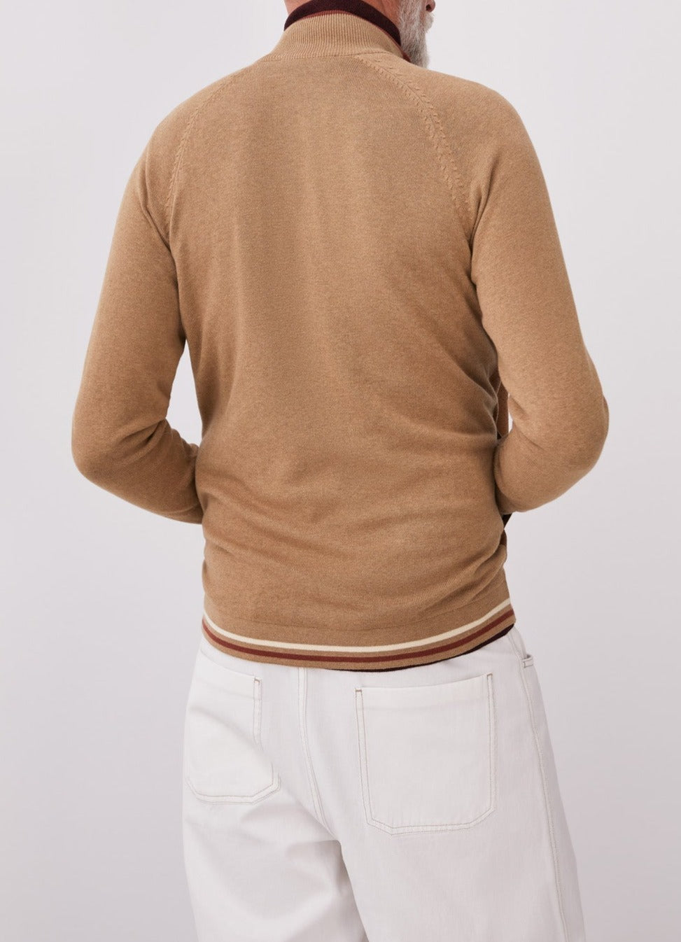 Men Knit Jacket | Camel Cardigan With Suedette Front by Spanish designer Adolfo Dominguez