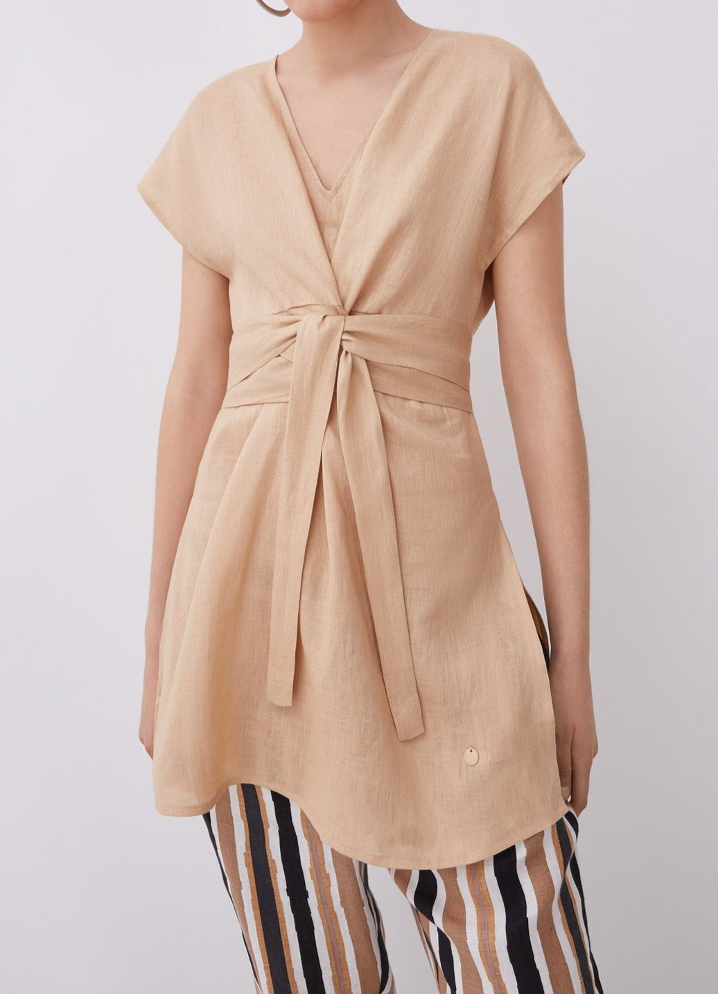 Women Top | Camel Linen Blouse With Front Tie by Spanish designer Adolfo Dominguez