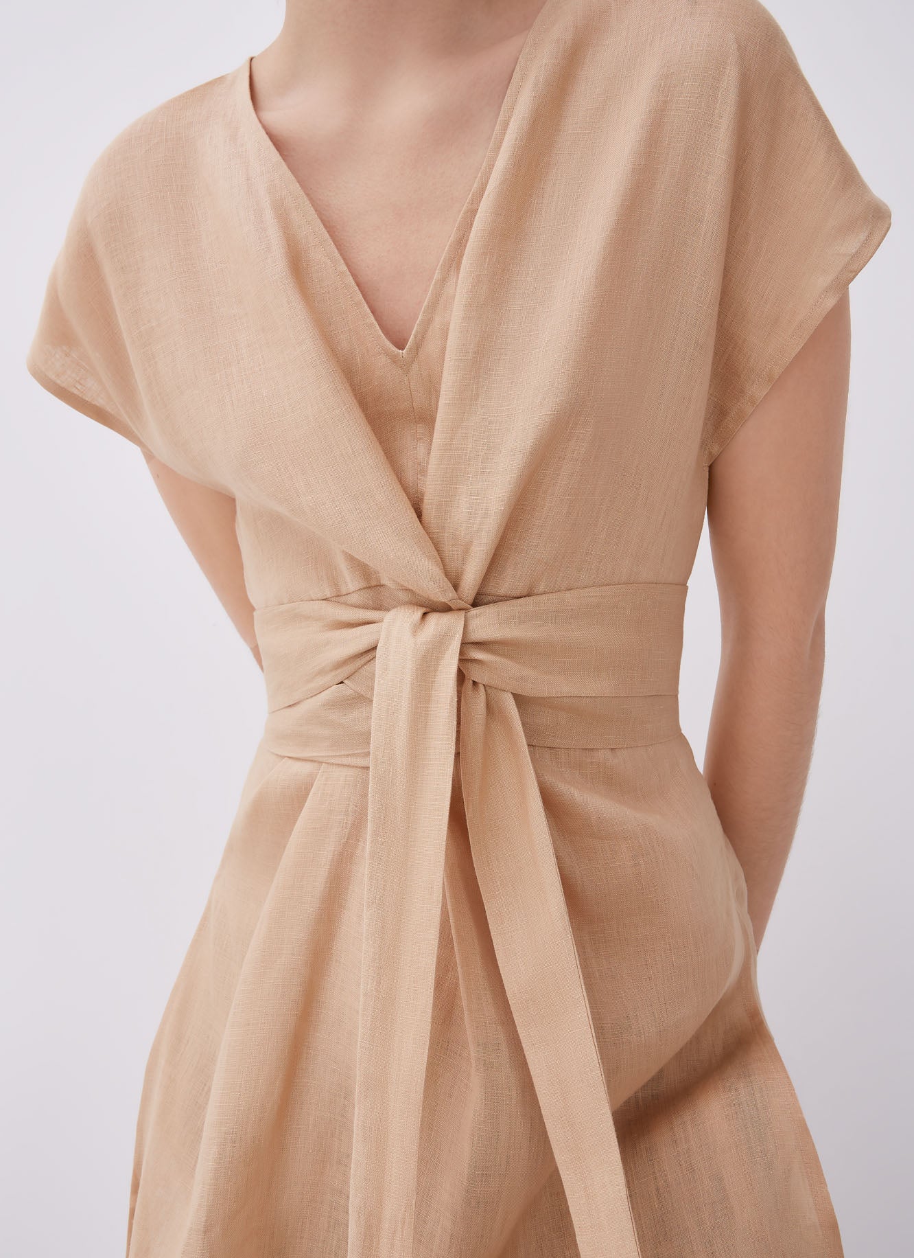 Women Top | Camel Linen Blouse With Front Tie by Spanish designer Adolfo Dominguez