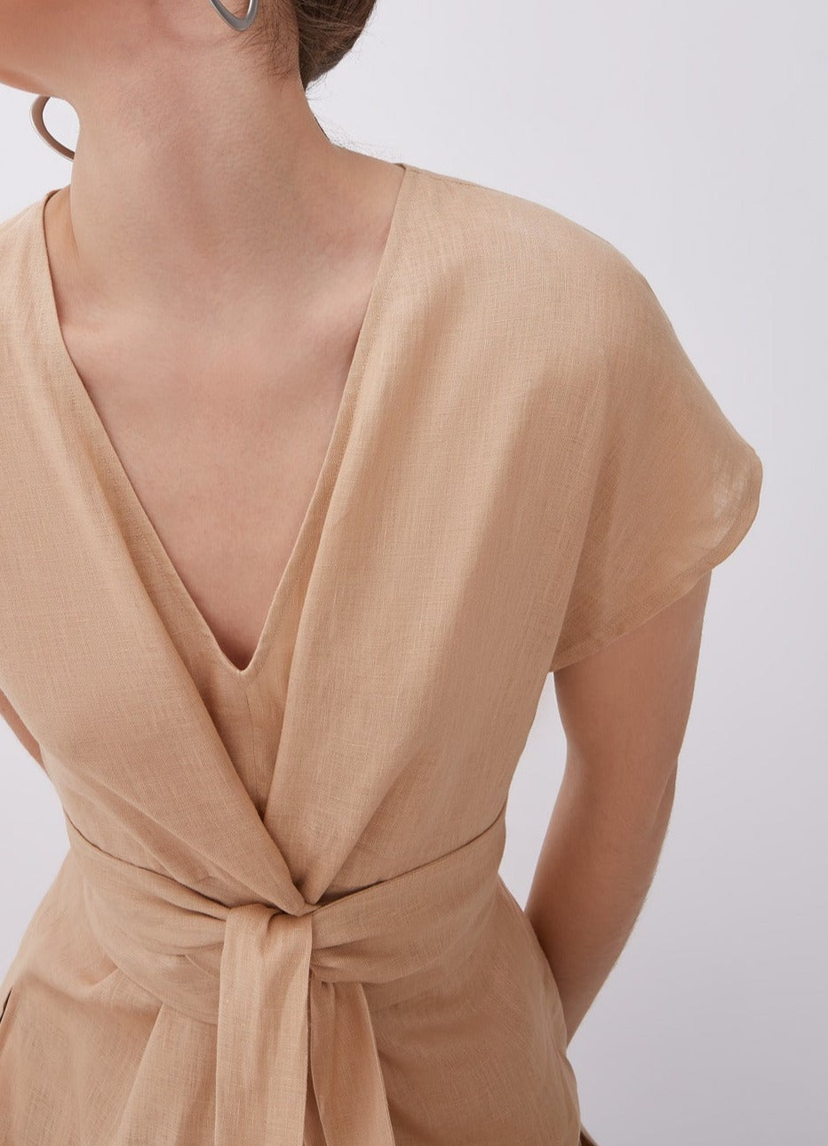 Women Top | Camel Linen Blouse With Front Tie by Spanish designer Adolfo Dominguez