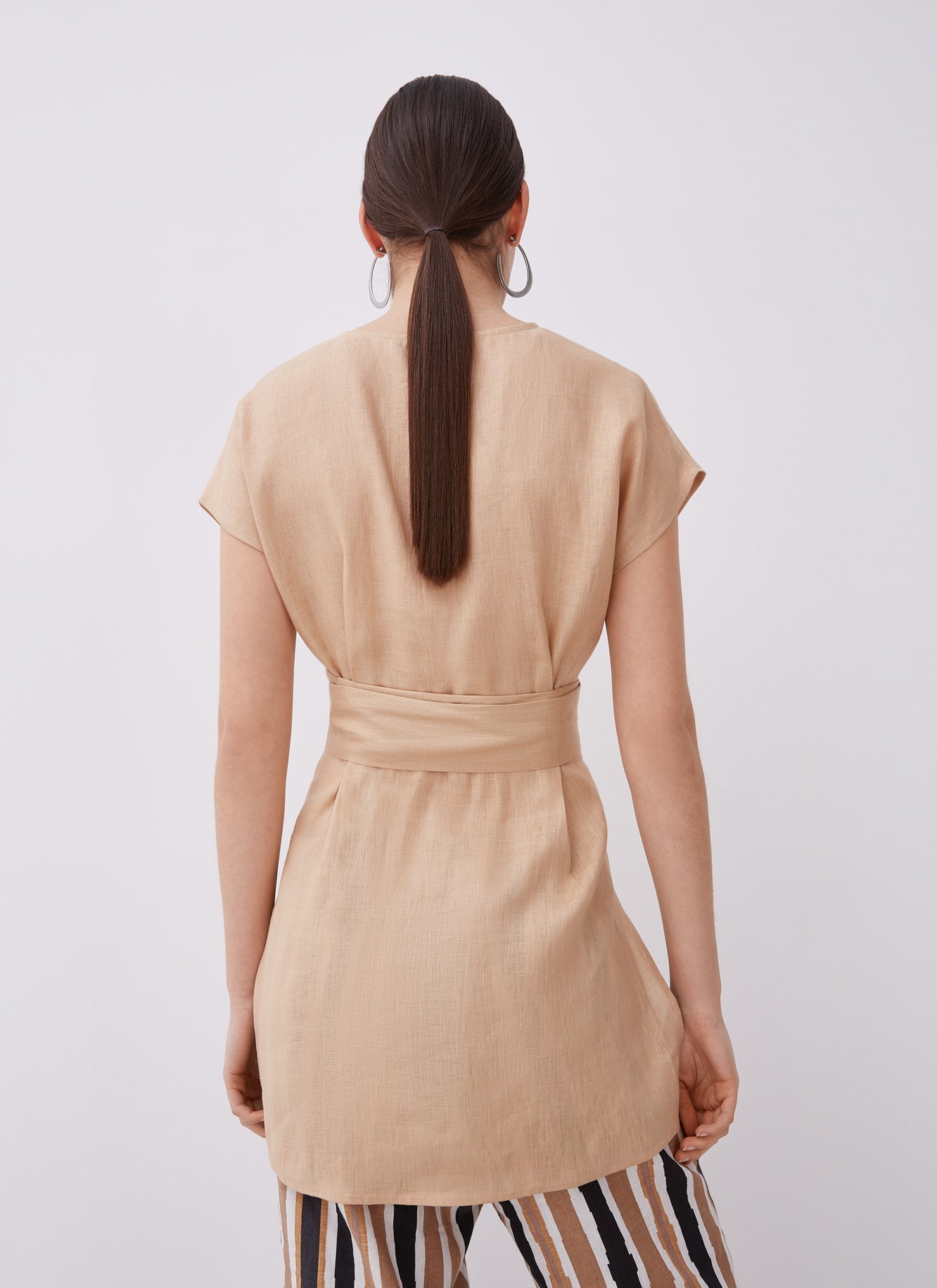 Women Top | Camel Linen Blouse With Front Tie by Spanish designer Adolfo Dominguez