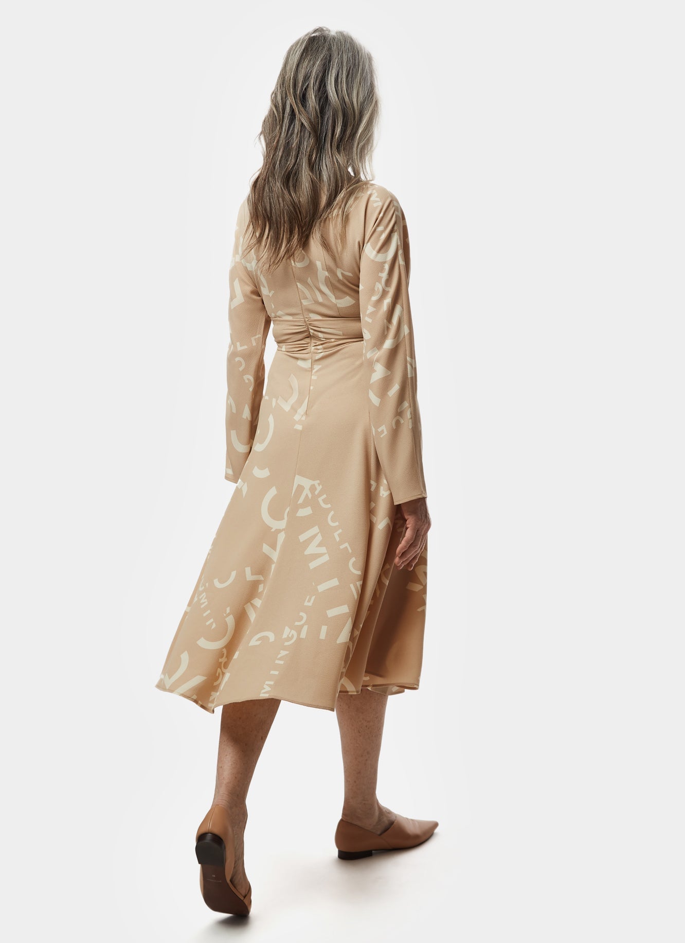 Women Dress | Camel Stamped Midi Dress With Waist Tie And Logo Print by Spanish designer Adolfo Dominguez