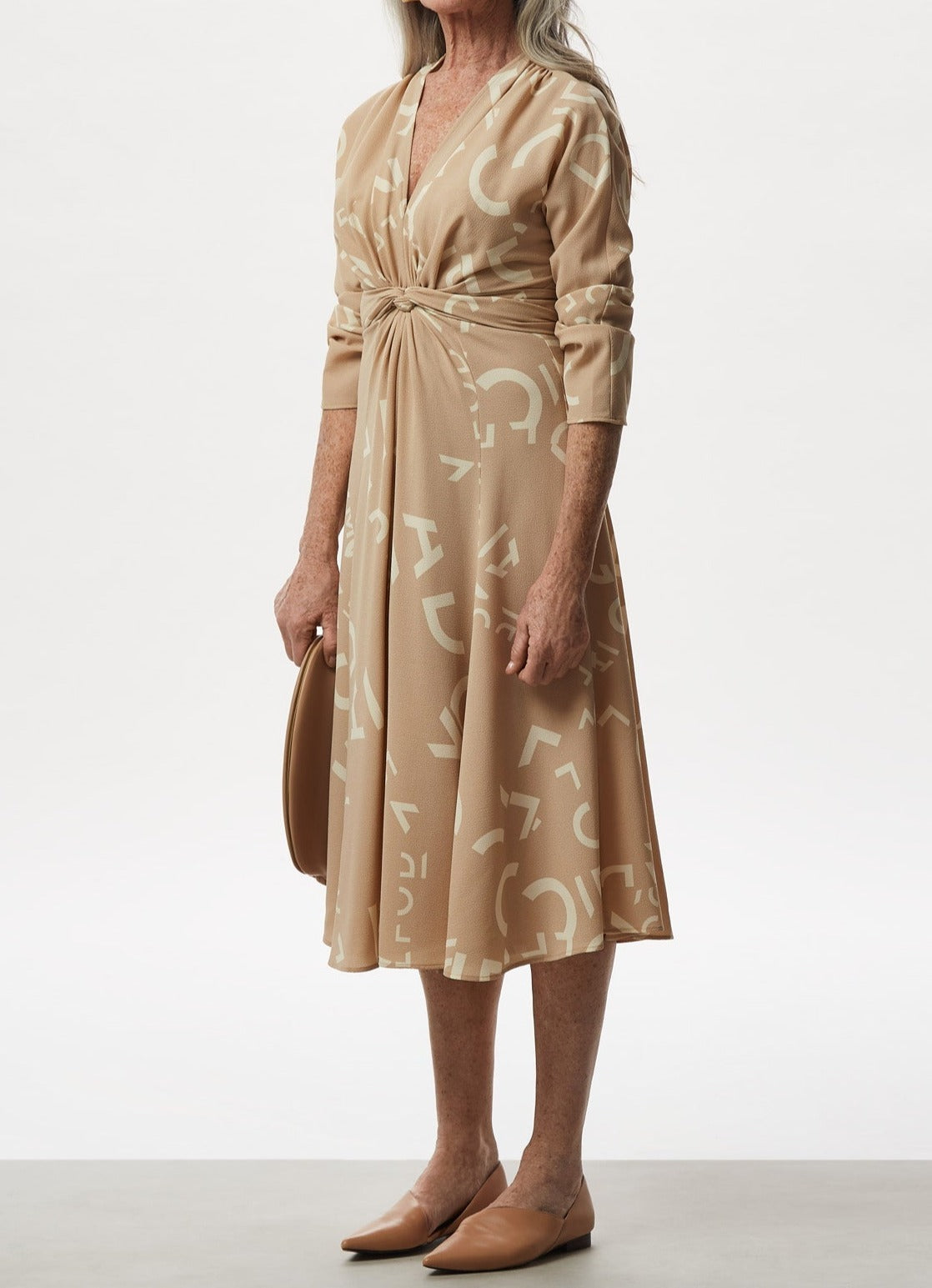 Women Dress | Camel Stamped Midi Dress With Waist Tie And Logo Print by Spanish designer Adolfo Dominguez