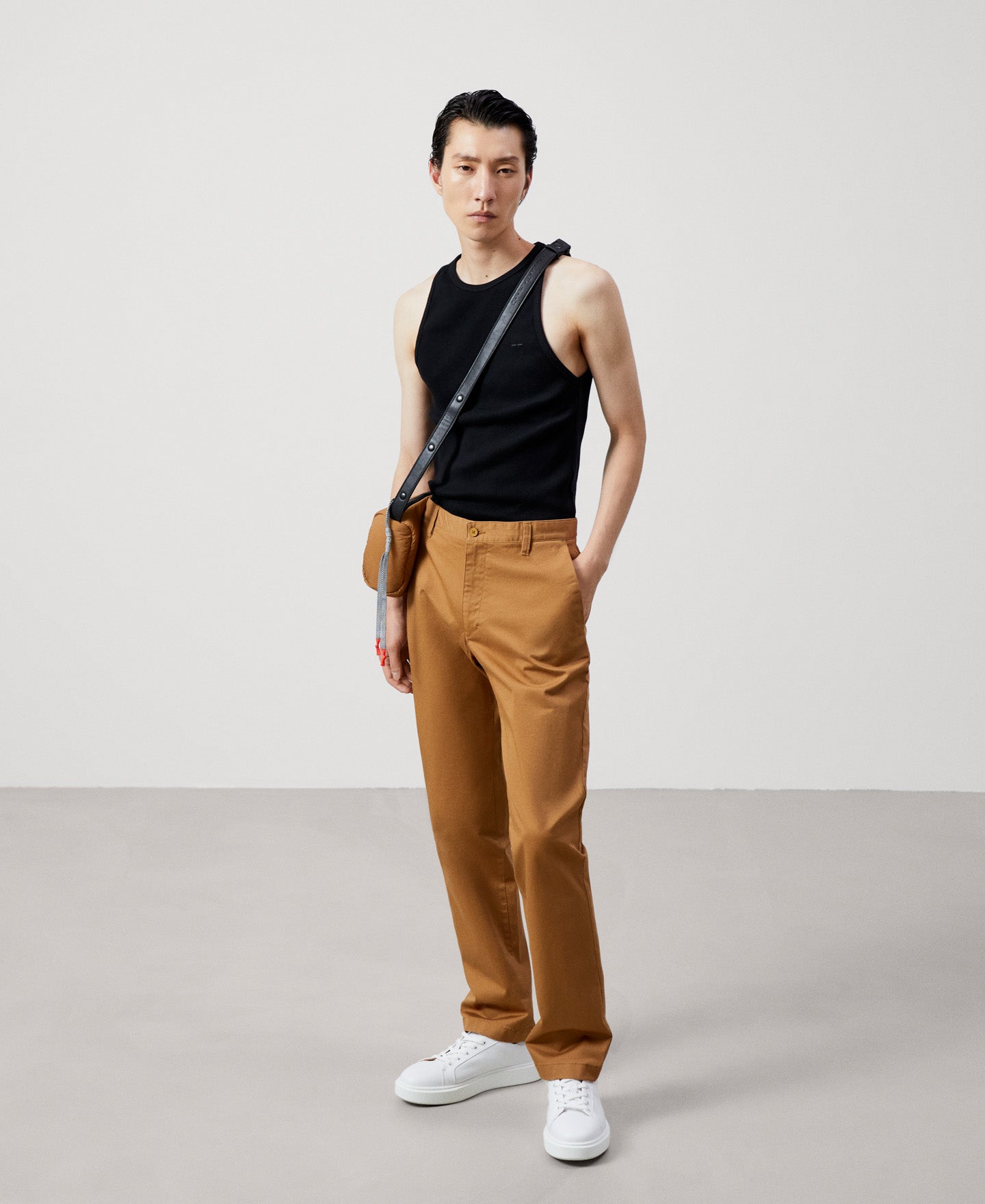 Men Trousers | Camel Stretch Cotton Chino Trousers by Spanish designer Adolfo Dominguez