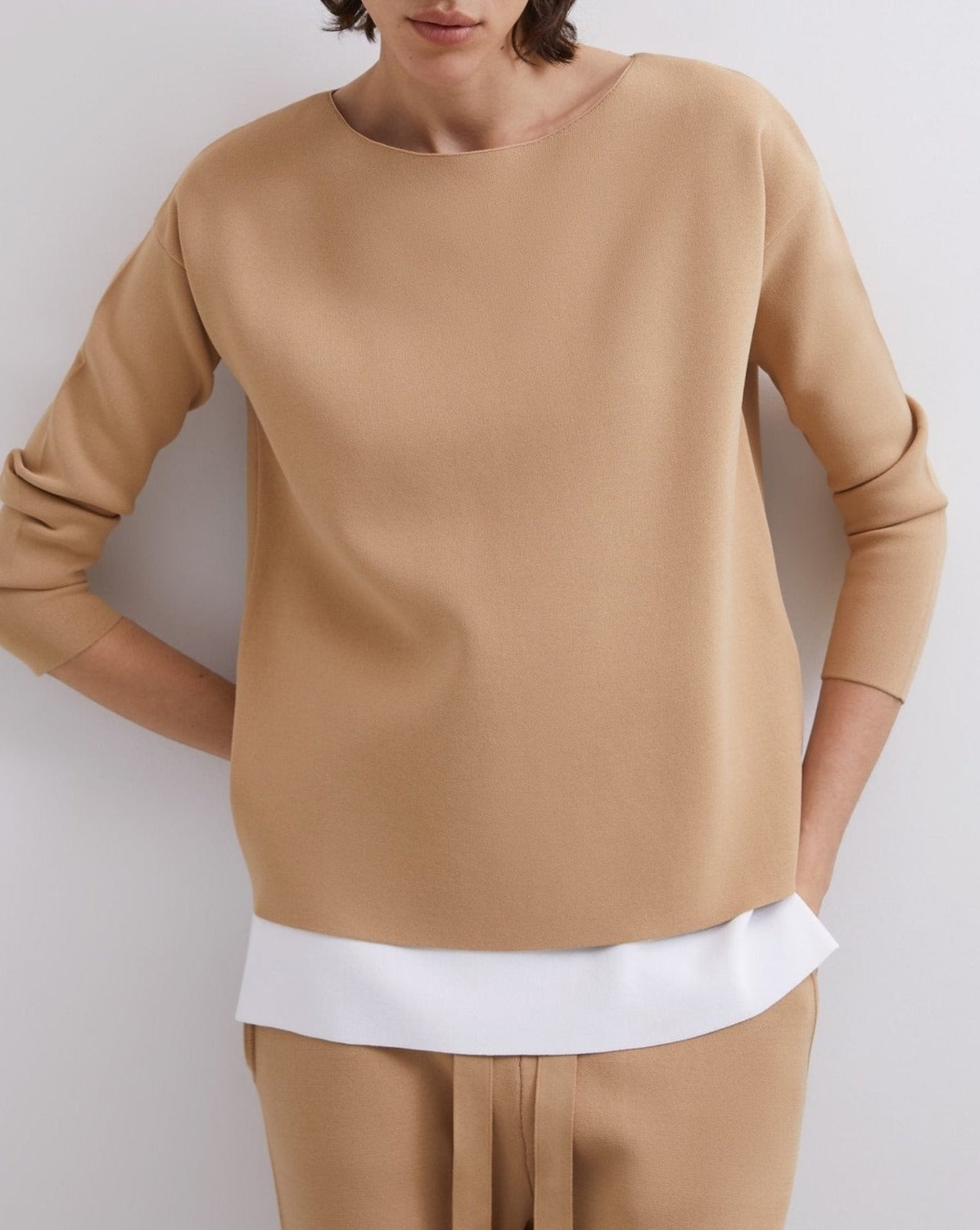 Women Jersey | Camel Two-Colored Cerrojillo Knit Sweatshirt by Spanish designer Adolfo Dominguez