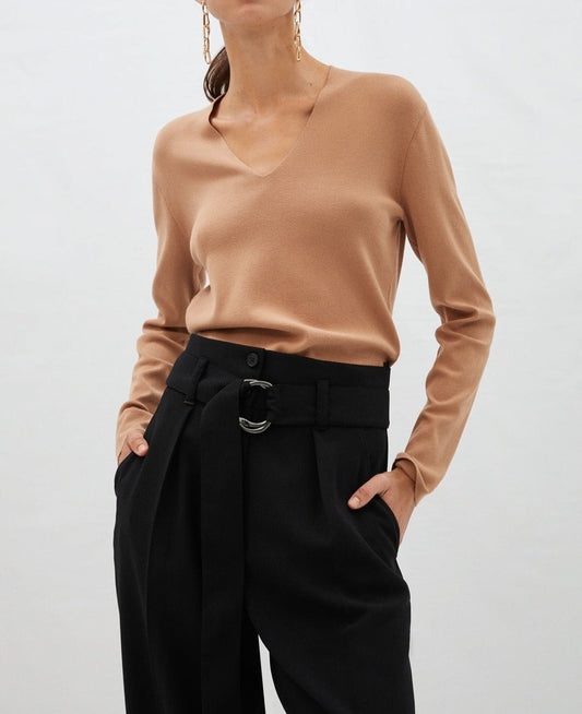 Women Jersey | Camel V-Neck Pullover With Slits by Spanish designer Adolfo Dominguez