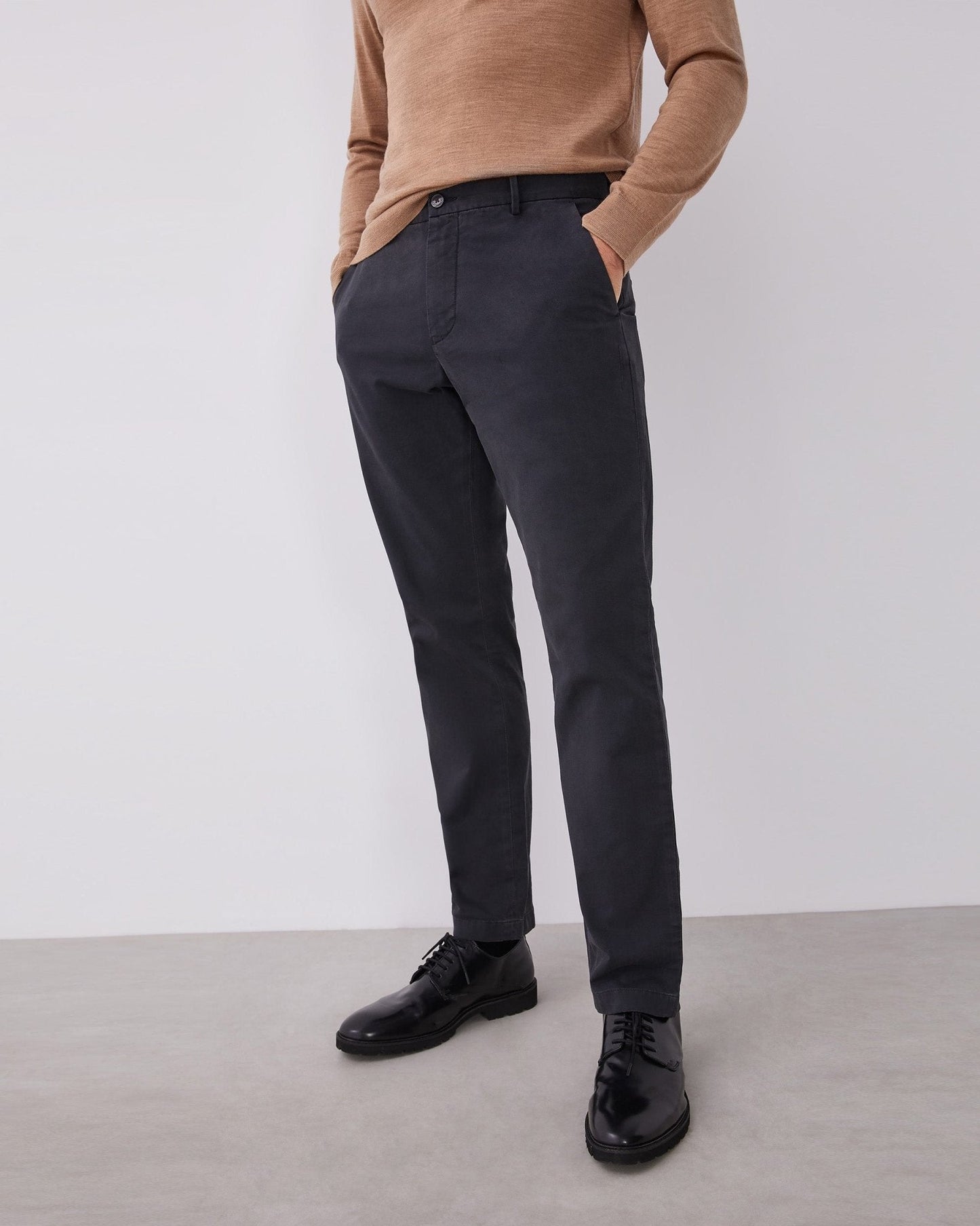 Men Trousers | Charcoal Elastic Cotton Chino Trousers by Spanish designer Adolfo Dominguez