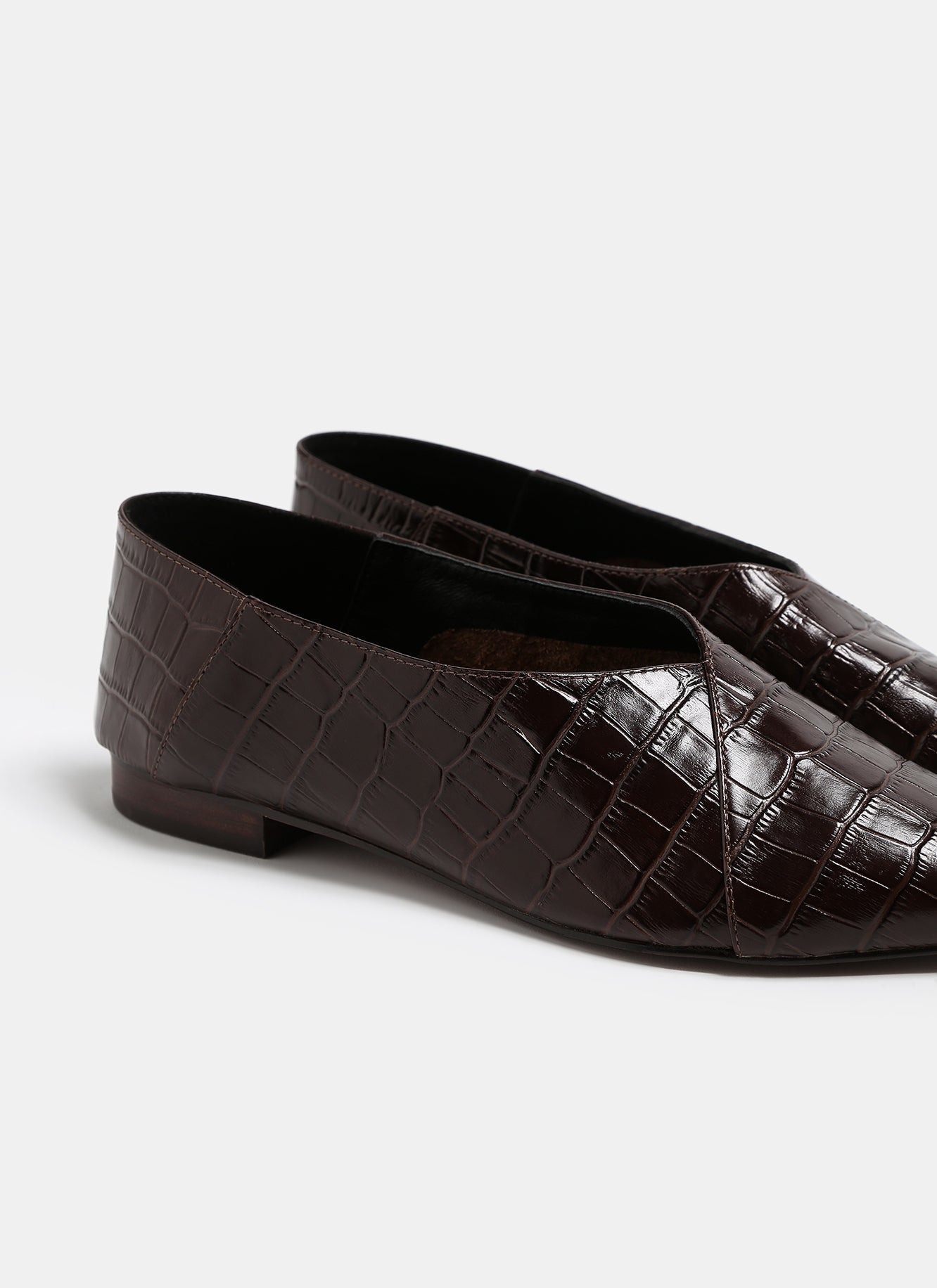 Women Shoes | Chocolate Croc Embossed Leather Slippers by Spanish designer Adolfo Dominguez