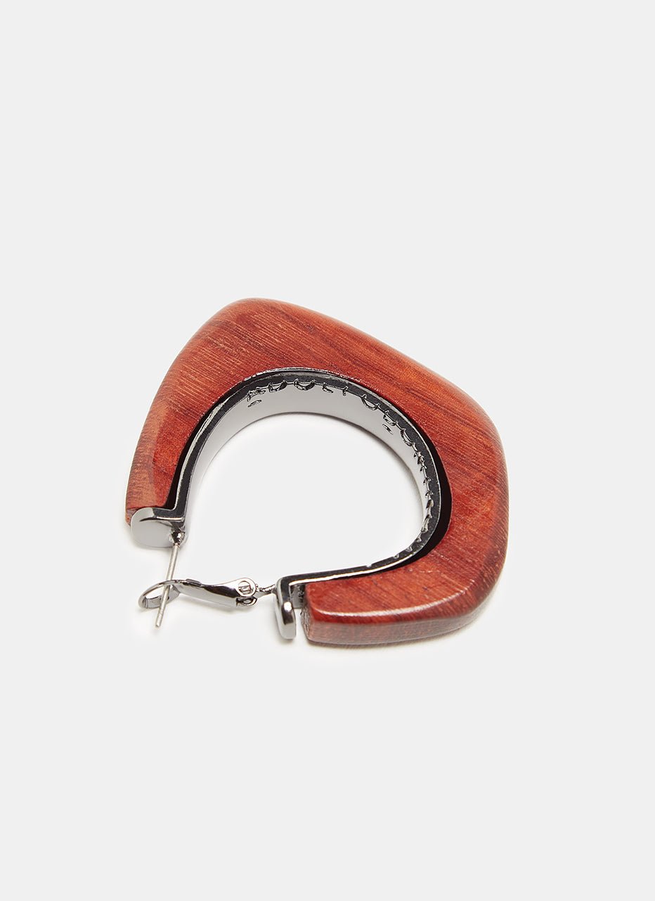 Women Earrings | Dark Grey/Red Hoop Earrings With Irregular Wood Piece by Spanish designer Adolfo Dominguez