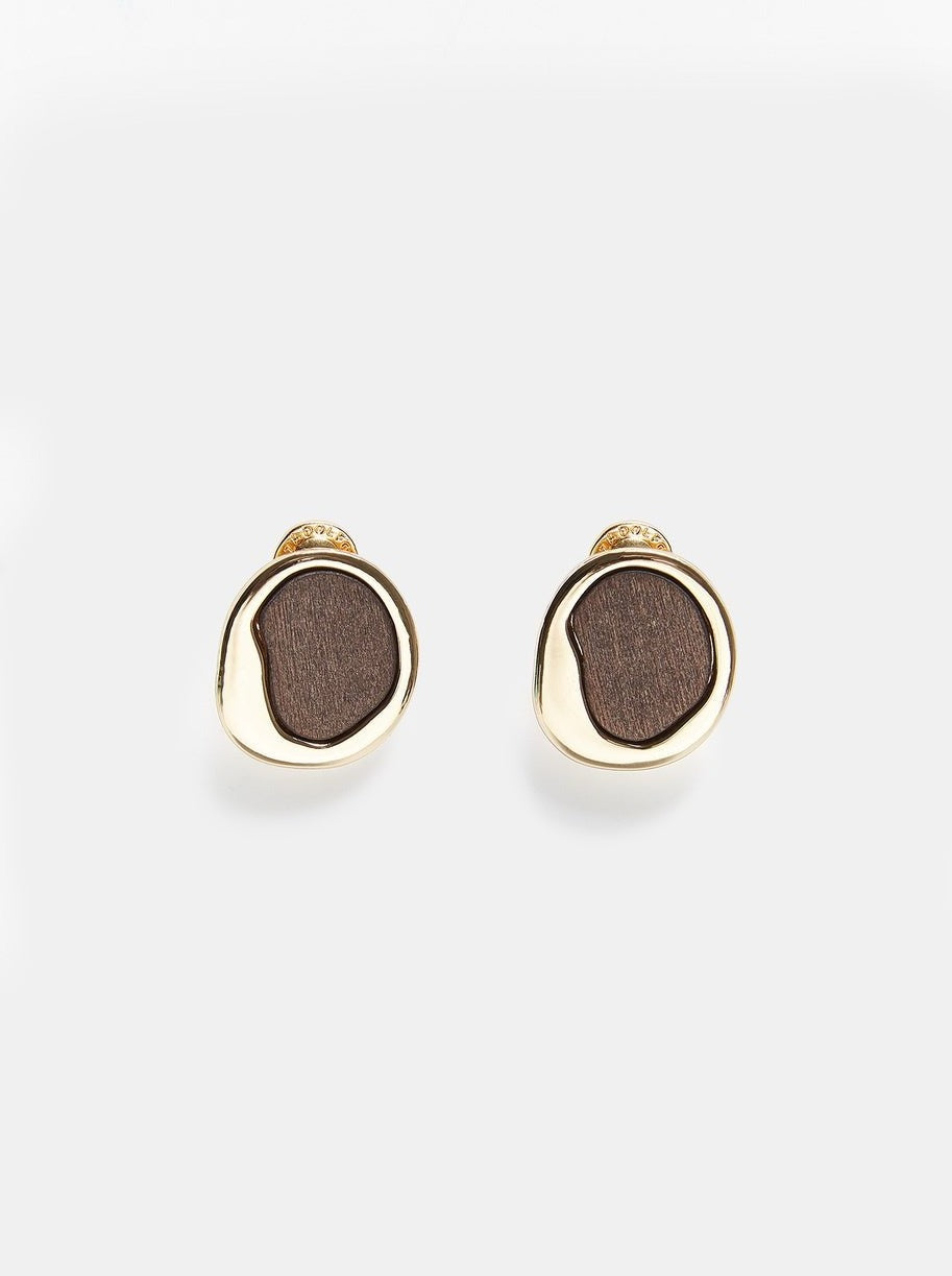 Women Earrings | Gold Short Earrings With Wooden Shape by Spanish designer Adolfo Dominguez