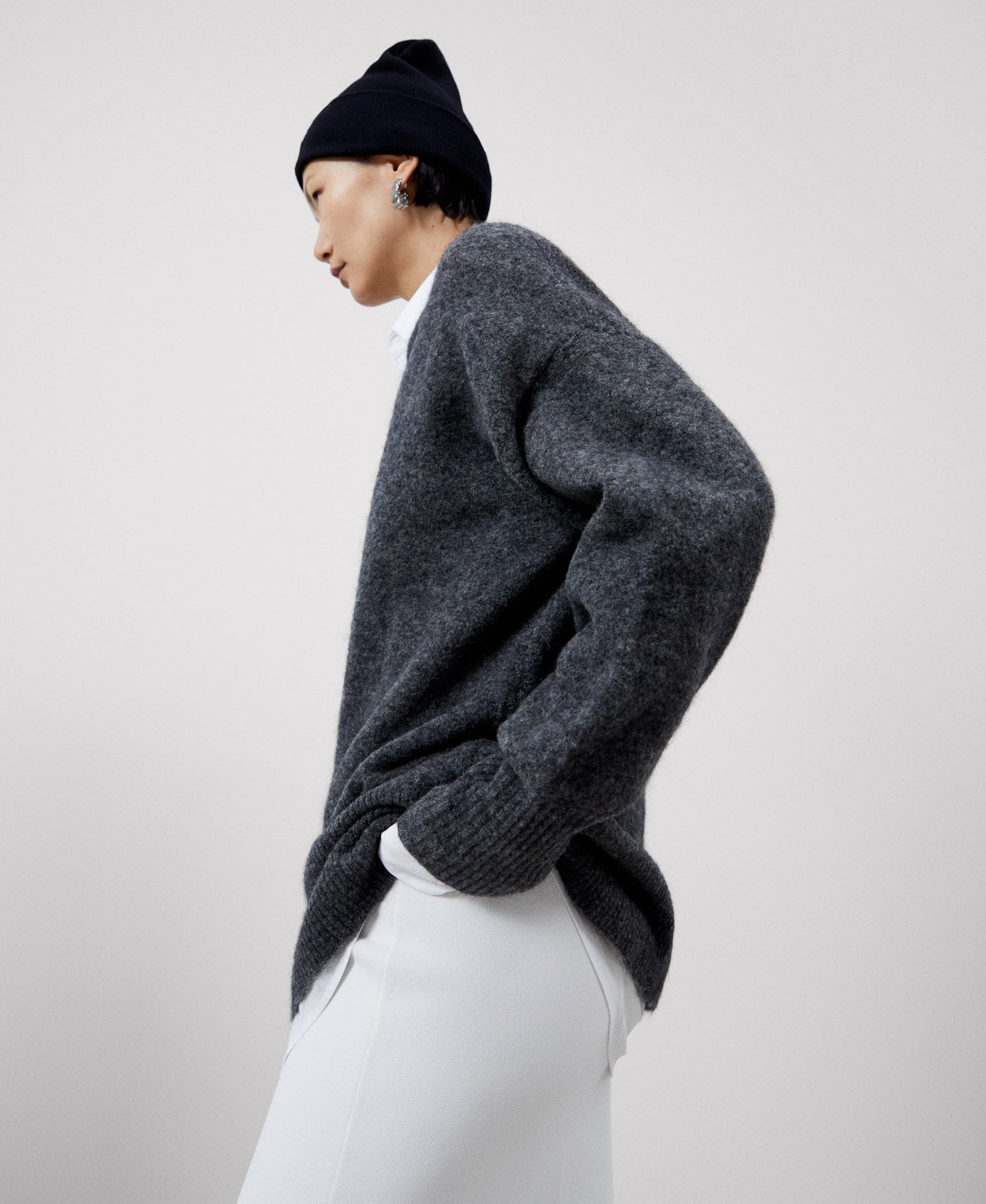 Women Jersey | Grey Melange V-Neck Mohair Sweater by Spanish designer Adolfo Dominguez