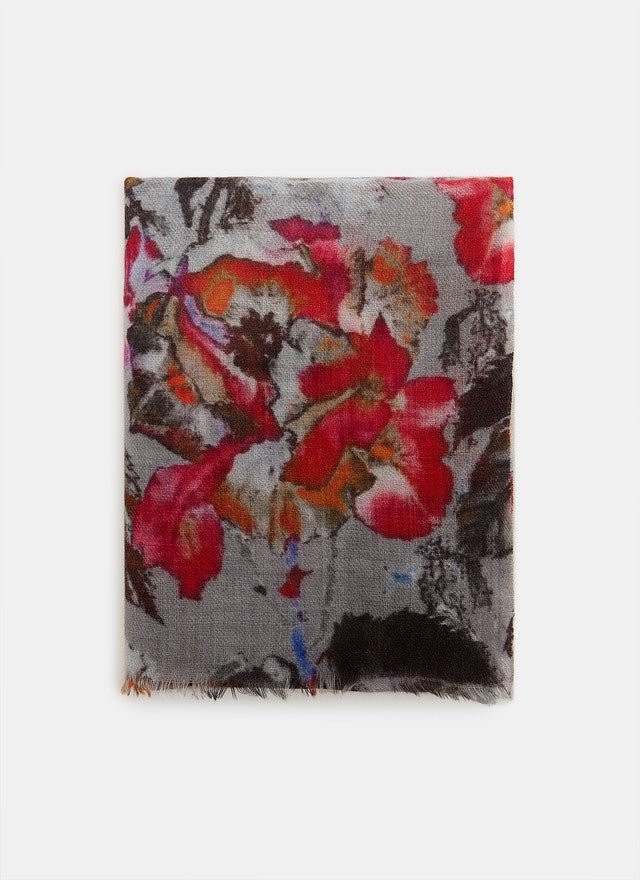 Women Shawl | Grey Print Merino Wool Shawl With Floral Print by Spanish designer Adolfo Dominguez