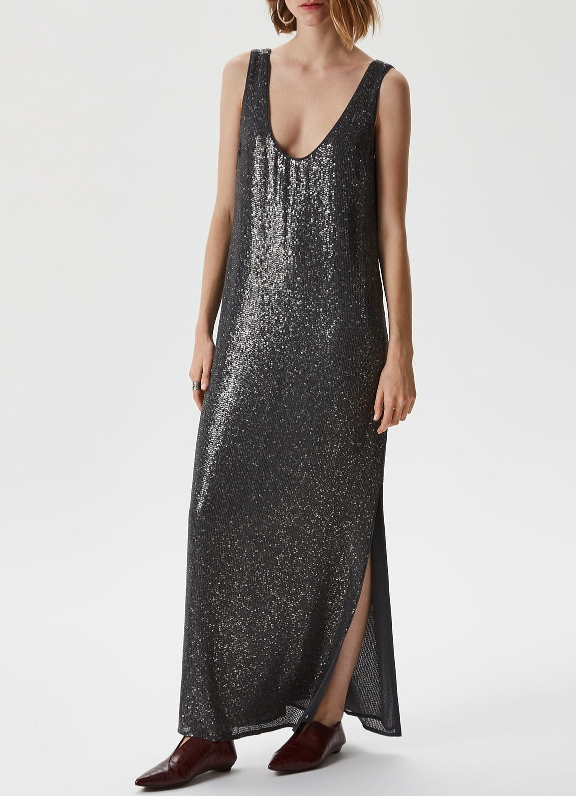 Women Cocktail Dress | Grey Sequin Embellished Long Dress by Spanish designer Adolfo Dominguez