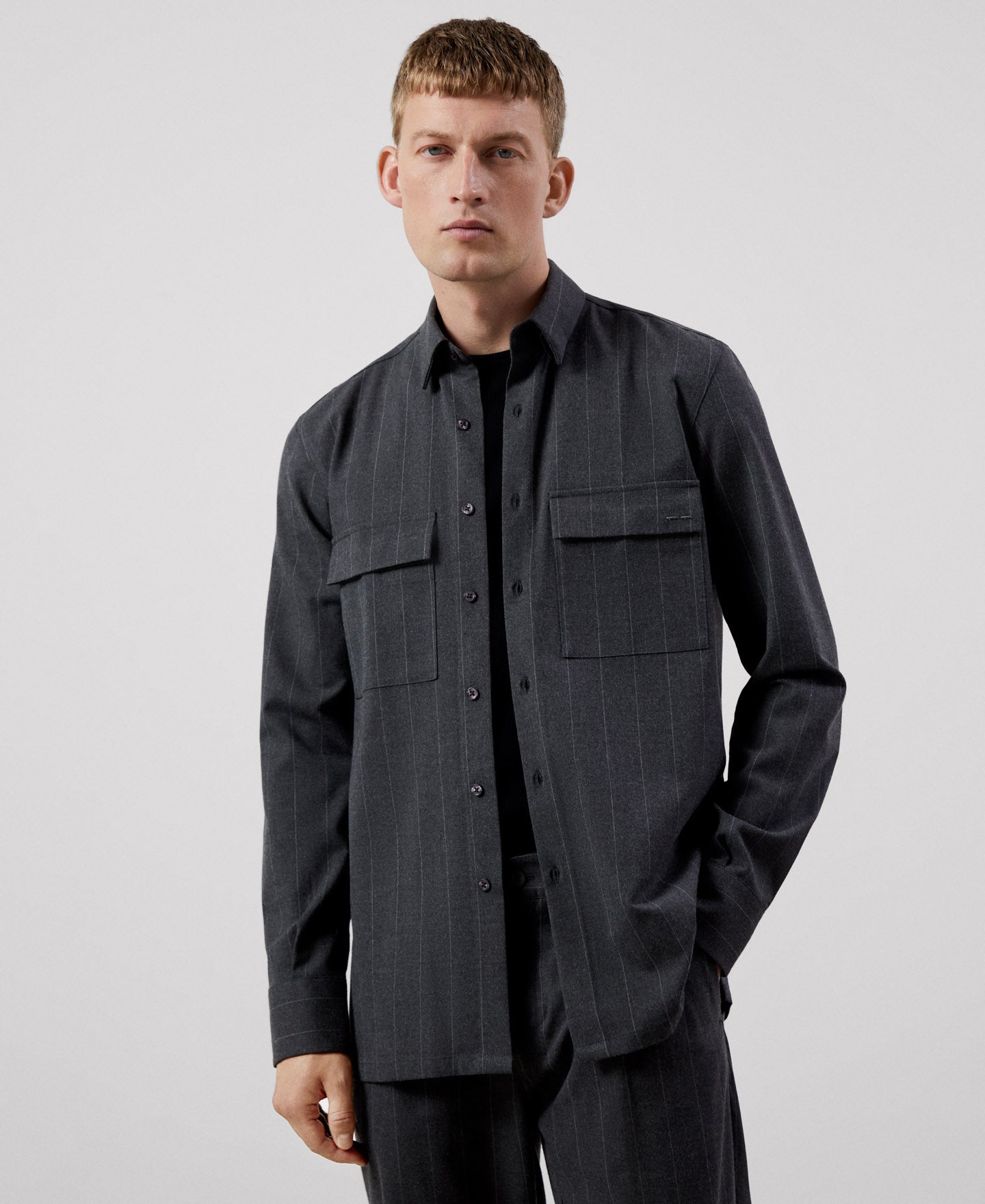 Men Overshirt | Grey Stripe Shirt by Spanish designer Adolfo Dominguez