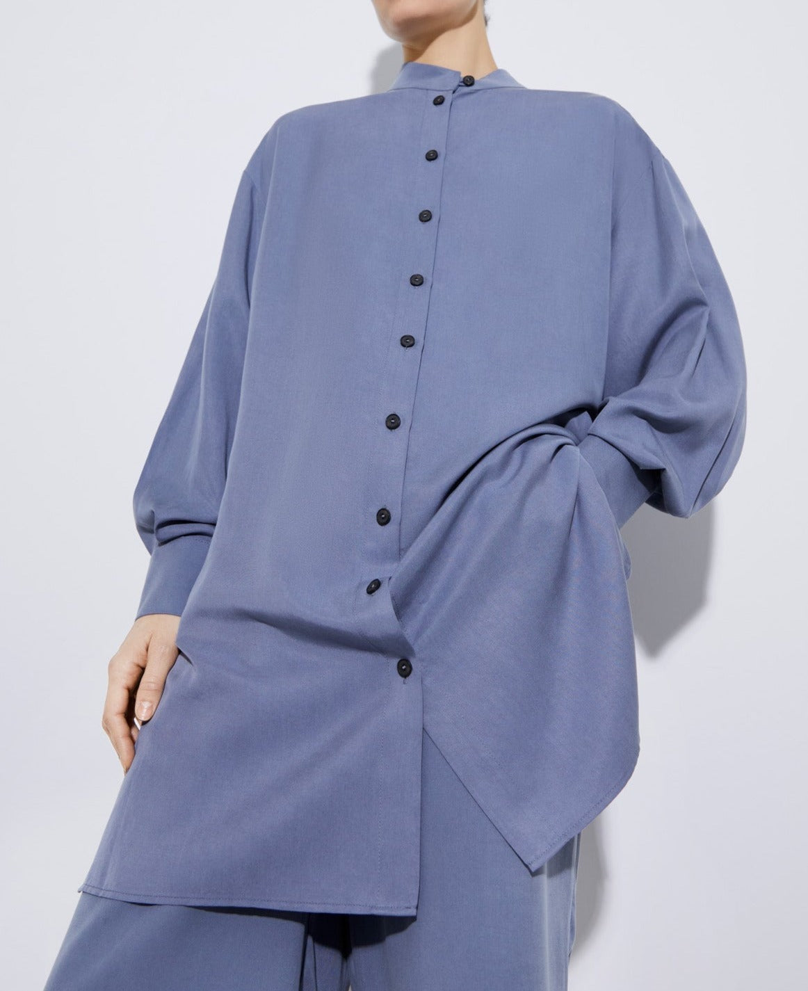 Women Long-Sleeve Shirt | Grey/Blue Mandarin Collar Lyocell Long Blouse by Spanish designer Adolfo Dominguez