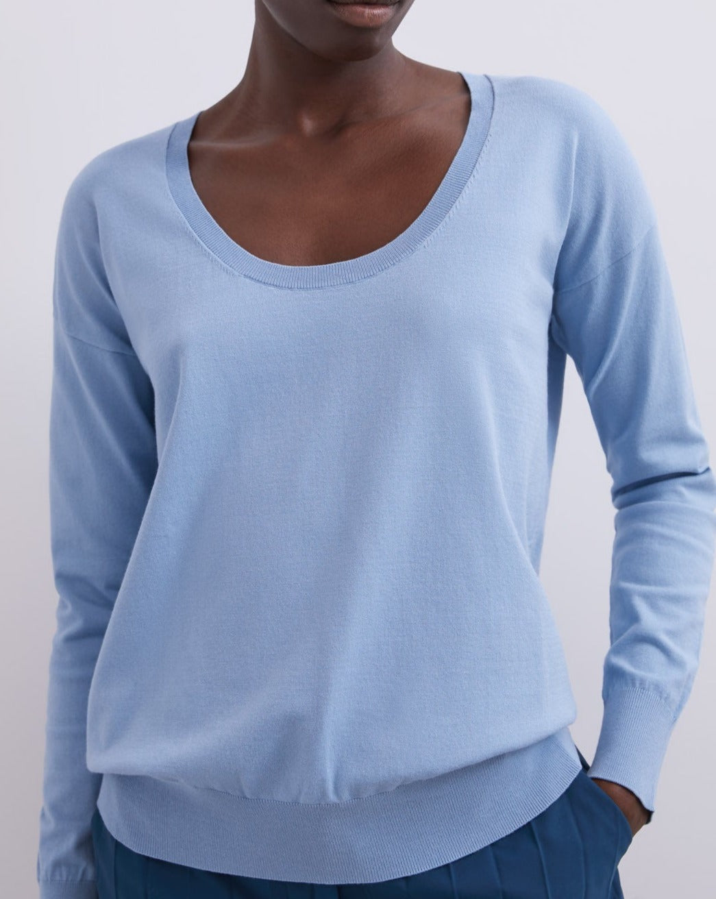 Women Jersey | Light Blue Oval Neckline Sweater by Spanish designer Adolfo Dominguez