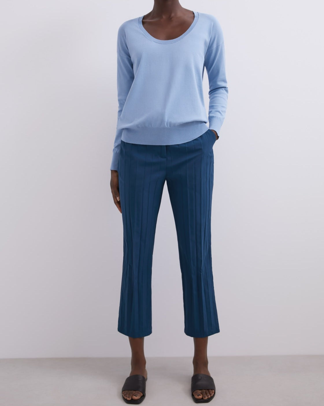 Women Jersey | Light Blue Oval Neckline Sweater by Spanish designer Adolfo Dominguez