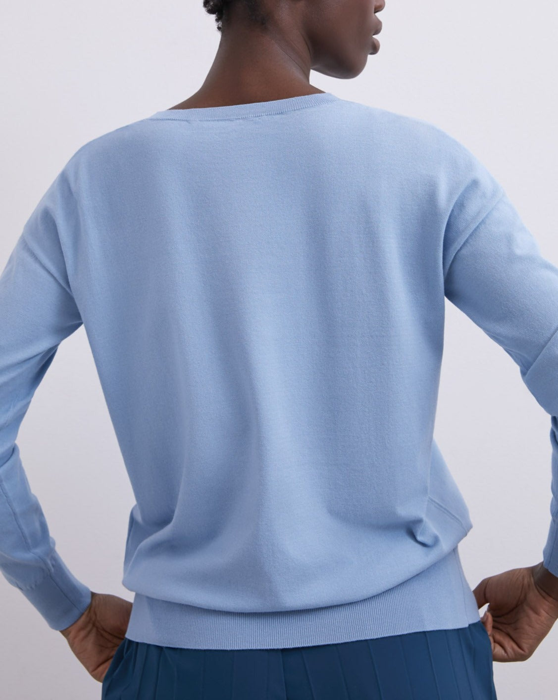 Women Jersey | Light Blue Oval Neckline Sweater by Spanish designer Adolfo Dominguez