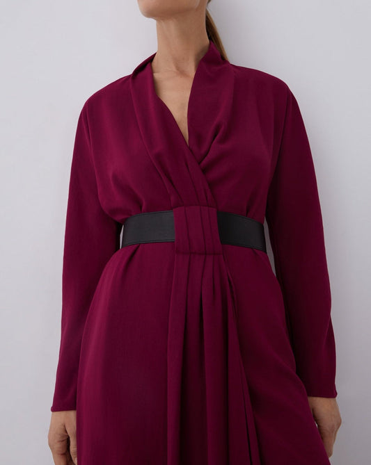 Women Dress | Maroon Wrap Dress With Vegan Leather Belt by Spanish designer Adolfo Dominguez