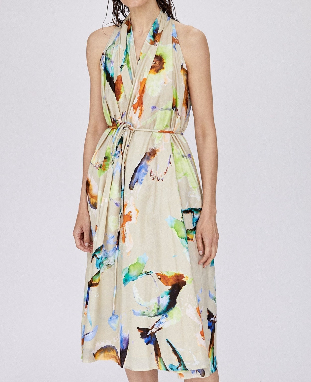 Women Dress | Multicolor Cotton Printed Midi Dress by Spanish designer Adolfo Dominguez