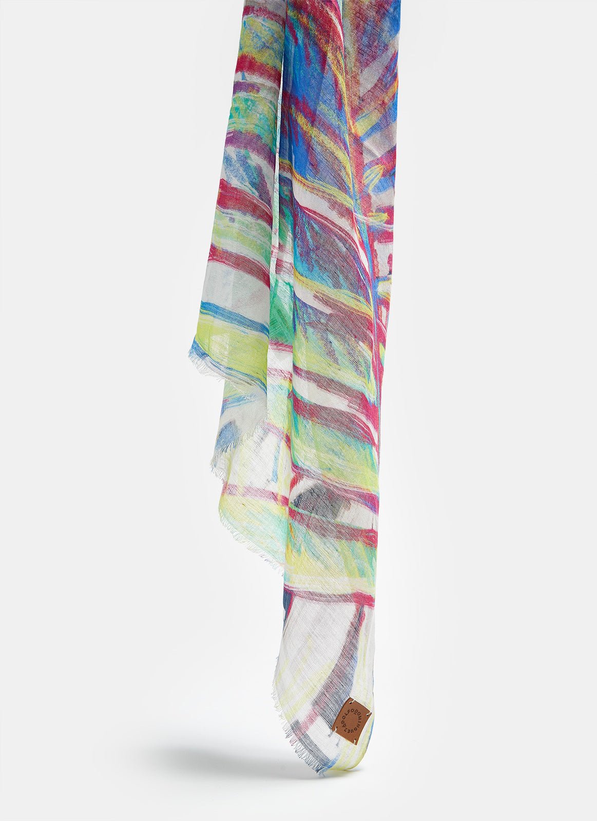 Women Shawl | Multicolor Linen Scarf With Feather Print by Spanish designer Adolfo Dominguez