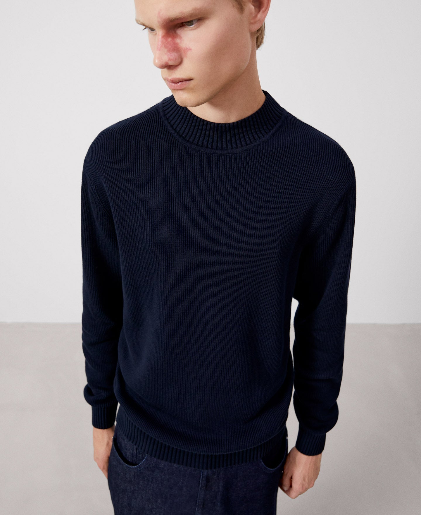 Men Jersey | Navy Blue Cotton Perkins Collar Jumper by Spanish designer Adolfo Dominguez