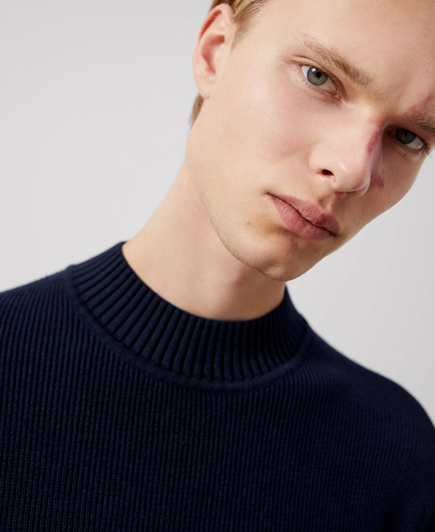 Men Jersey | Navy Blue Cotton Perkins Collar Jumper by Spanish designer Adolfo Dominguez