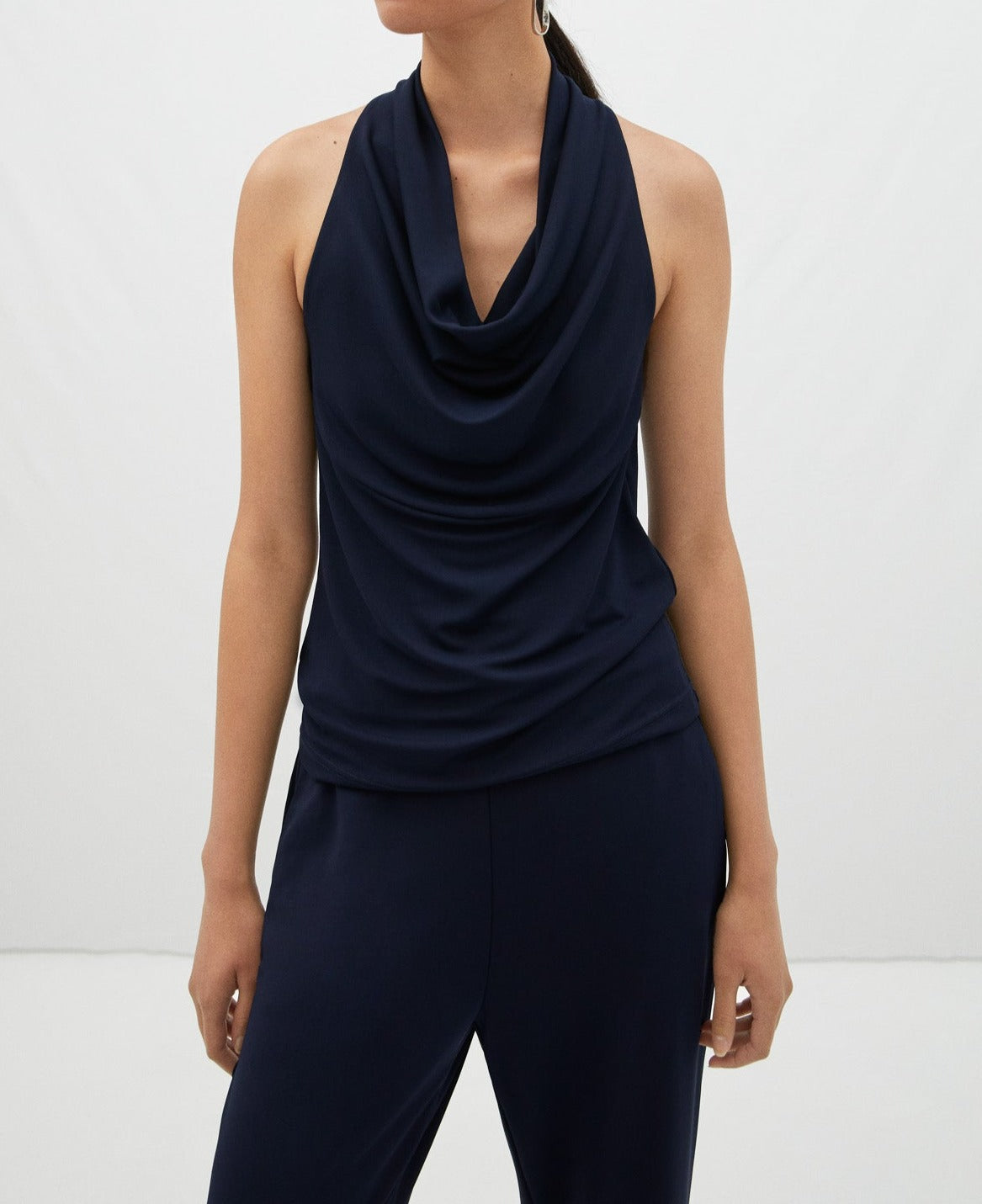 Women T-Shirt (Short Sleeve) | Navy Blue Draped Sleeveless T-Shirt by Spanish designer Adolfo Dominguez