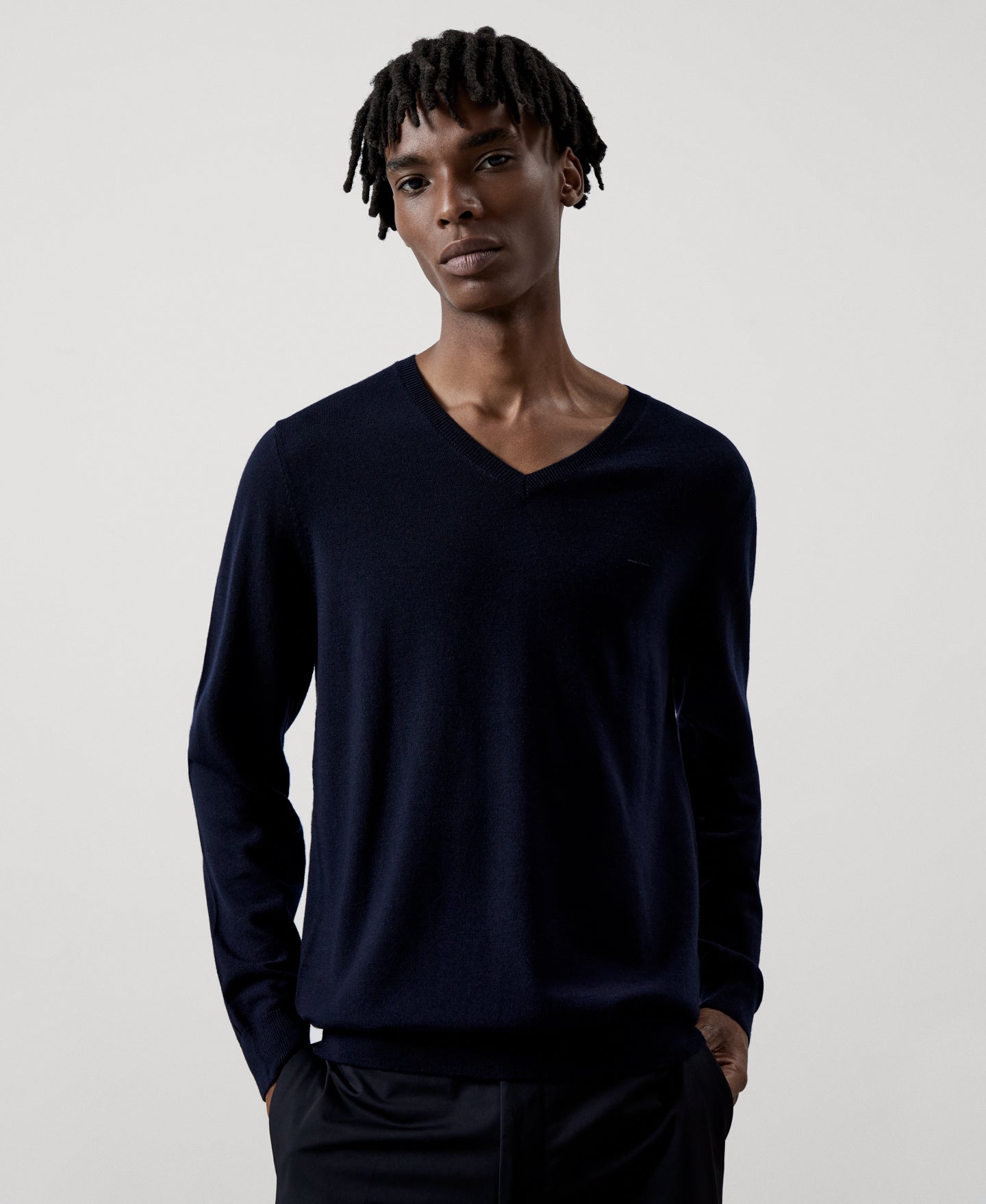 Men Jersey | Navy Blue Merino Wool V-Neck Sweater by Spanish designer Adolfo Dominguez