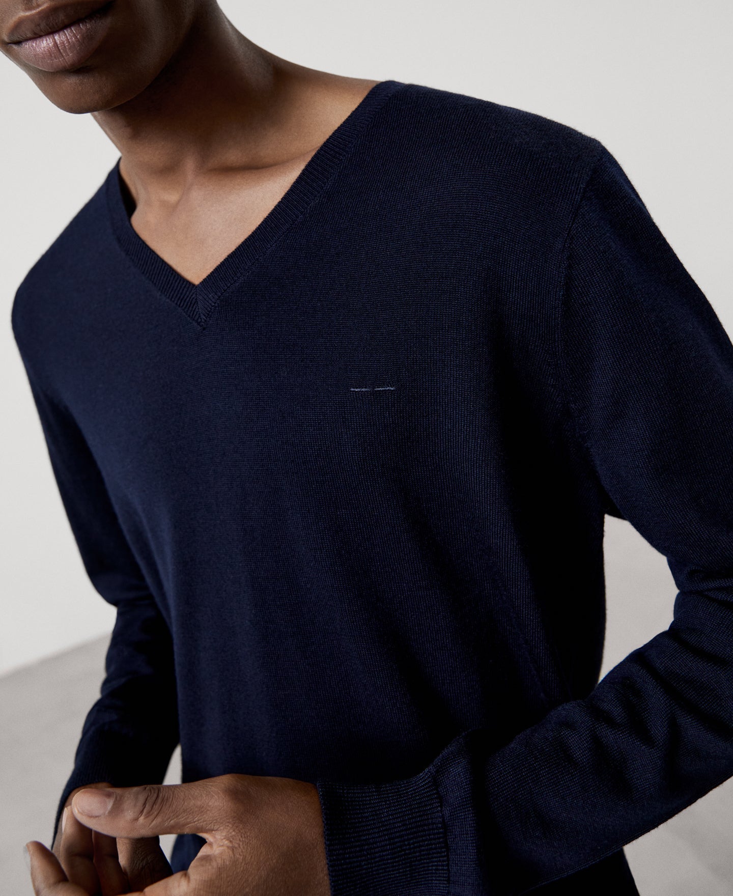 Men Jersey | Navy Blue Merino Wool V-Neck Sweater by Spanish designer Adolfo Dominguez