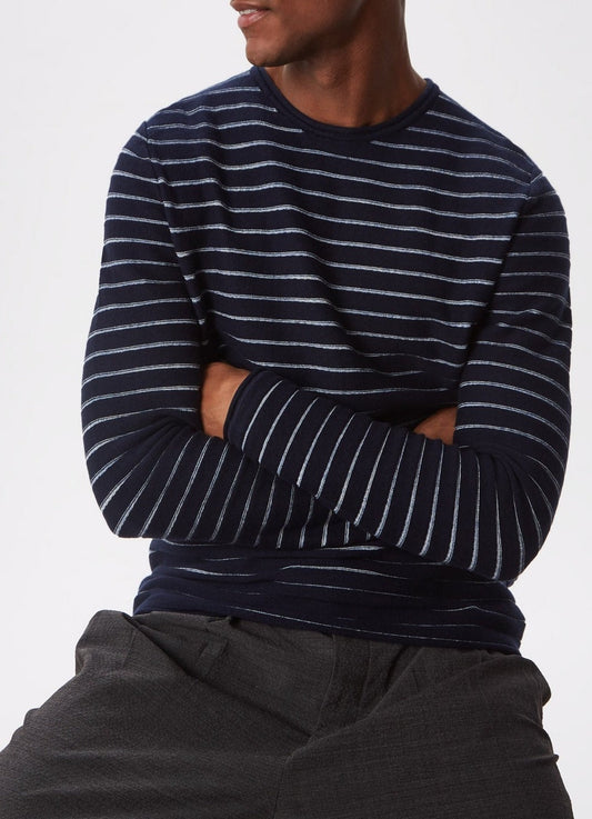 Men Jersey | Navy Blue Organic Cotton Striped Sweater by Spanish designer Adolfo Dominguez