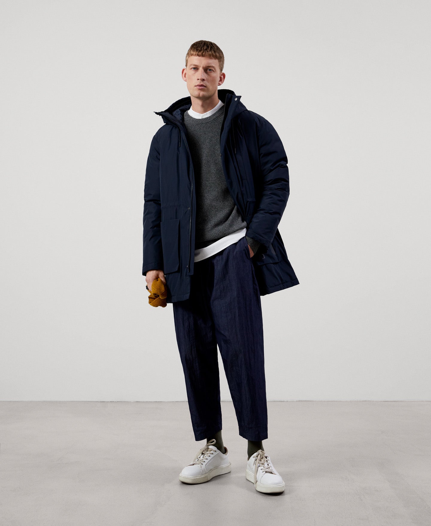 Men Long Jacket | Navy Blue Parka for Men by Spanish designer Adolfo Dominguez