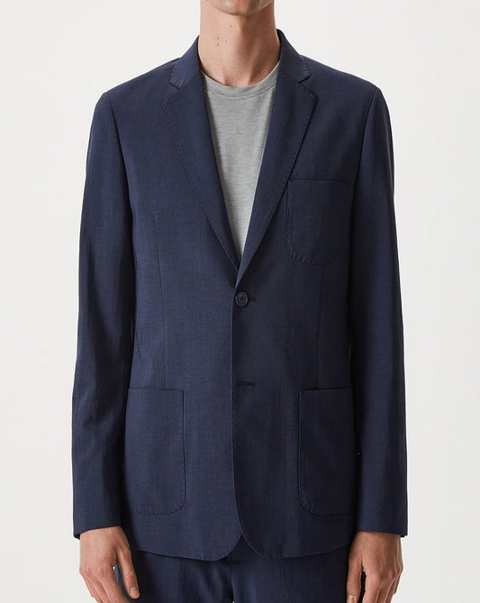 Men Unstructured Jacket | Navy Blue Polyester Blazer With Visible Stitching by Spanish designer Adolfo Dominguez