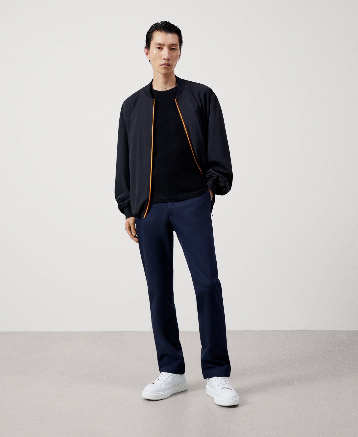 Men Trousers | Navy Blue Stretch Cotton Chino Trousers by Spanish designer Adolfo Dominguez