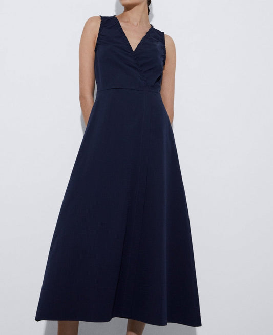 Women Dress | Navyblue Seersucker Dress With Gathered Neckline by Spanish designer Adolfo Dominguez