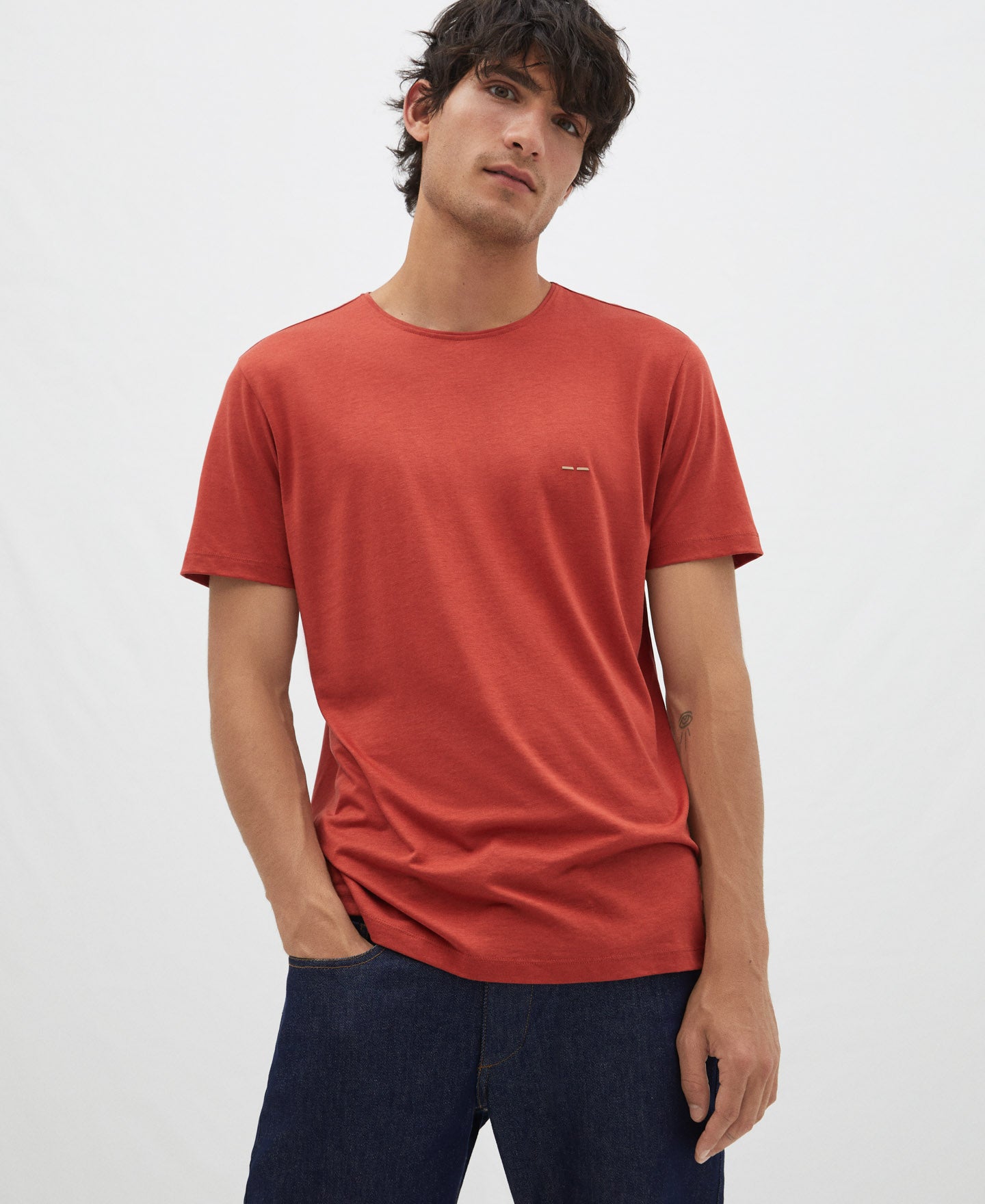 Men T-Shirt (Short Sleeve) | Orange T-Shirt In Lyocell And Cotton by Spanish designer Adolfo Dominguez